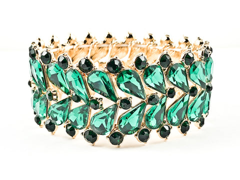 Fancy Beautiful Sharp Pattern With Emerald Color Crystals Thick Gold Tone Fashion Bracelet