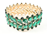 Fancy Beautiful Sharp Pattern With Emerald Color Crystals Thick Gold Tone Fashion Bracelet