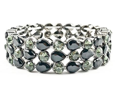 Fancy 3 Row Mix Shape Stones Black Crystal Dark Stretch Fashion Bracelet