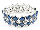 Fancy 3 Row Diamond Shape Large Sapphire Color Crystal Stretch Fashion Bracelet