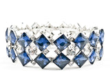 Fancy 3 Row Diamond Shape Large Sapphire Color Crystal Stretch Fashion Bracelet