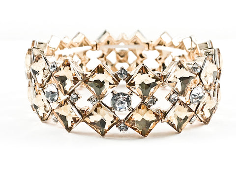 Fancy 3 Row Diamond Shape Large Topaz Color Crystal Stretch Gold Tone Fashion Bracelet
