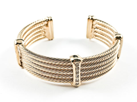 Modern Thick Multi Row Wire Texture Design Band With Micro Thin CZ Bars Gold Tone Brass Cuff Bangle