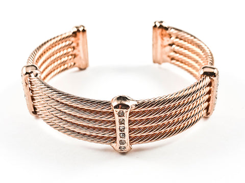 Modern Thick Multi Row Wire Texture Design Band With Micro Thin CZ Bars Pink Gold Tone Brass Cuff Bangle