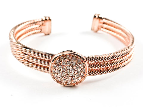Modern Thick Multi Row Wire Texture Band With Center Round CZ Disc Pink Gold Tone Brass Cuff Bangle