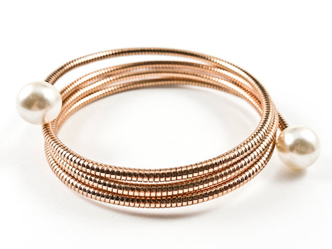 Modern Multi Wrap Around Coil Design Pearl Ends Pink Gold Tone Brass Bracelet Bangle