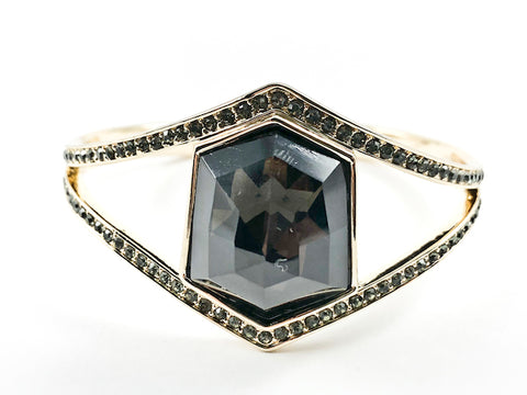 Unique Open Diamond Form Large Center Hexagon Shape Black Crystal Gold Tone Fashion Bangle