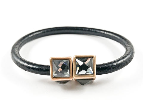 Creative Black Leather Band With Unique Cubed Black Crystal Duo Ends Magnetic Fashion Bracelet