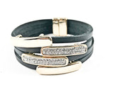 Modern Multi Row & Strand CZ & Shiny Metallic Bars Leather Magnetic Brass Bracelet