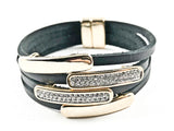 Modern Multi Row & Strand CZ & Shiny Metallic Bars Leather Magnetic Brass Bracelet