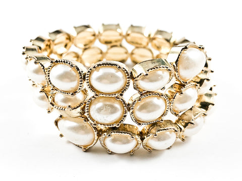 Unique Wrap Around Coil Gold Tone Large Pearl Brass Bracelet
