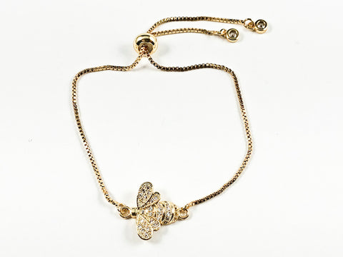 Beautiful Cute CZ Bee Insect Charm Gold Tone Draw String Brass Bracelet