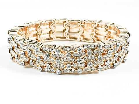 Fancy Unique Multi Row Crystals Pattern Gold Tone Stretch Fashion Bracelet