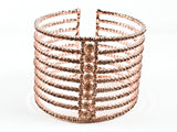 Fancy Multi Row Center Round Crystals Row Design Thick Tall Pink gold Tone Fashion Cuff Bangle