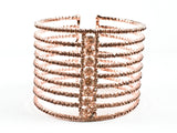 Fancy Multi Row Center Round Crystals Row Design Thick Tall Pink gold Tone Fashion Cuff Bangle