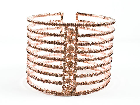 Fancy Multi Row Center Round Crystals Row Design Thick Tall Pink gold Tone Fashion Cuff Bangle