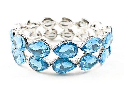 Fancy 2 Row Classic Large Tear Drop Shape Light Blue Color Crystals Stretch Fashion Bracelet