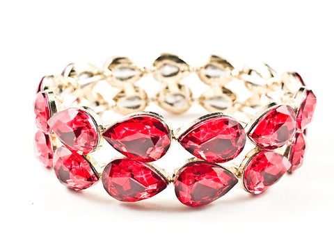 Fancy 2 Row Classic Large Tear Drop Shape Red Color Crystals Gold Tone Stretch Fashion Bracelet