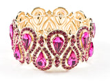 Stylish Fancy Vintage Style Pear Shape Pattern Fuchsia Color Crystals Gold Tone Stretch Fashion Bracelet