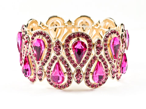 Stylish Fancy Vintage Style Pear Shape Pattern Fuchsia Color Crystals Gold Tone Stretch Fashion Bracelet