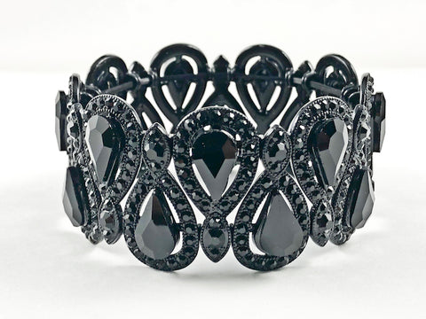 Stylish Fancy Vintage Style Pear Shape Pattern Black Color Crystals Black Tone Stretch Fashion Bracelet