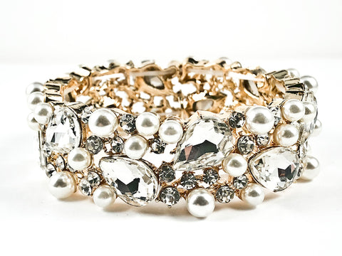 Stylish Thick Mix Large Pearl & Crystal Design Style Gold Tone Stretch Fashion Bracelet