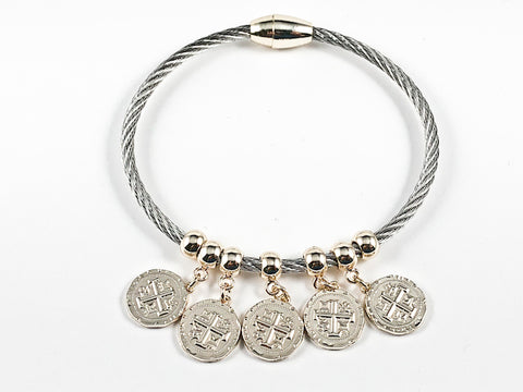 Modern Thin Wire Band With Multi Antique Gold Tone Coins Dangling Charms Brass Bracelet