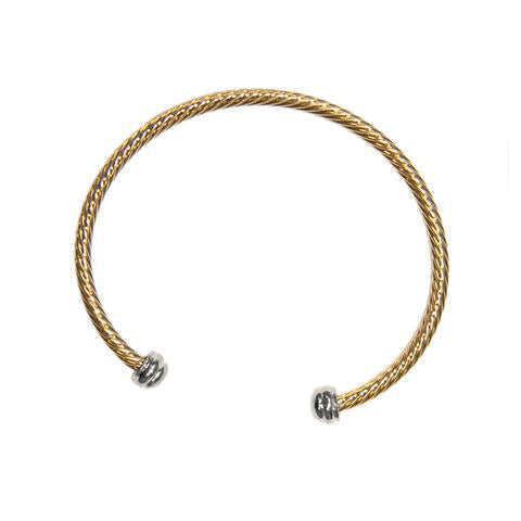 Modern Gold Tone Cable Wire Band Silver Duo End Caps Brass Bangle