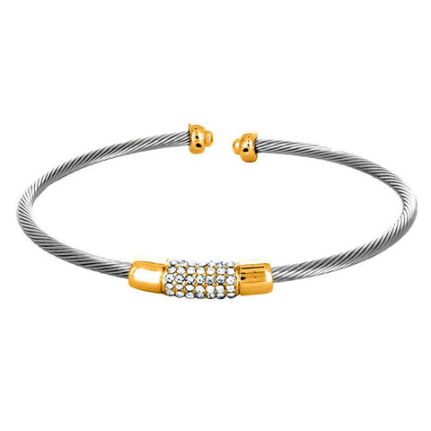Modern Cable Wire Textured With Gold Tone Crystal Bar Thin Brass Cuff Bangle
