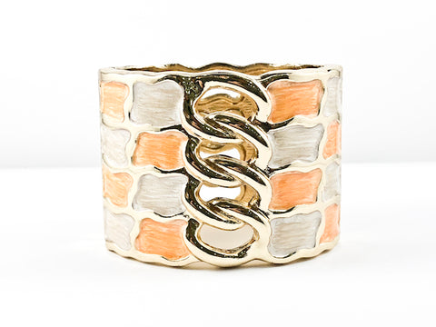 Modern Fun Colorful Swirl Enamel Squared Pattern Gold Tone Large Fashion Bangle