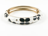 Modern Floral Pattern Black & White Enamel Gold Tone Fashion Bangle