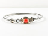 Modern Wire Texture Center Orange Coral Stone Magnetic Brass Bracelet
