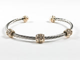 Beautiful Wire Texture Two Tone Style CZ Cylinder Brass Cuff Bangle