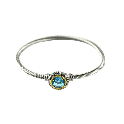 Modern Thick Textured Cable Wire Band Round Aquamarine CZ Brass Bangle