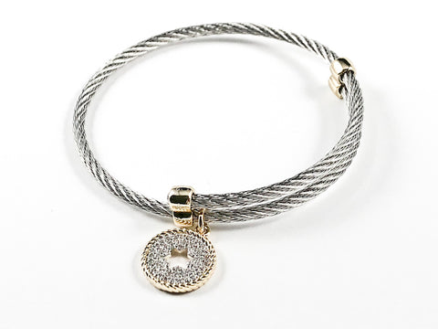 Modern Wire Band With Micro Setting CZ Round Shape Star Design Dangle Charm Brass Bangle