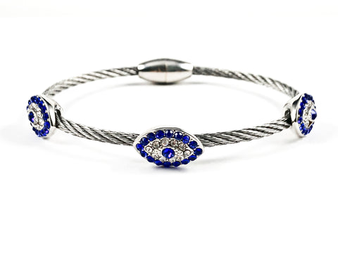 Modern Wire Texture Band With Blue CZ Evil Eye CZ Brass Bangle