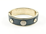 Modern Black Leather Surface Gold Tone Brass Bangle Bracelet