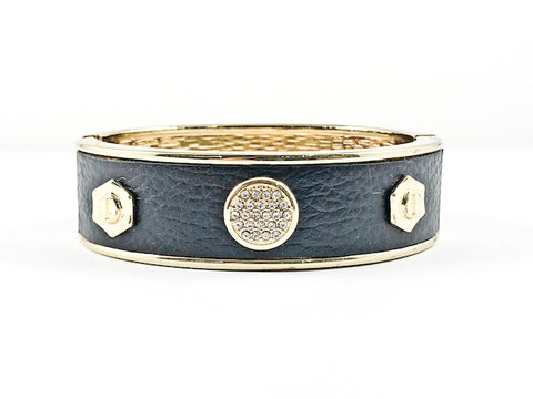 Modern Black Leather Surface Gold Tone Brass Bangle Bracelet