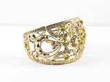 Elegant Large Open Works Floral Design Pattern Light Green Crystals Gold Tone Fashion Bangle