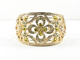 Elegant Large Open Works Floral Design Pattern Light Green Crystals Gold Tone Fashion Bangle