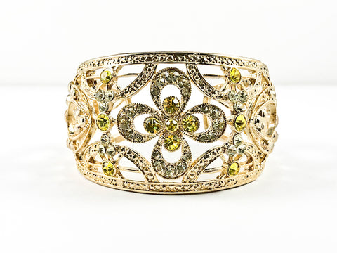 Elegant Large Open Works Floral Design Pattern Light Green Crystals Gold Tone Fashion Bangle