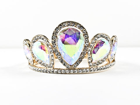 Fancy Fun Crown Design Large Aurora Borealis Crystals Gold Tone Fashion Bangles