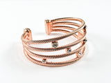 Modern Cable Wire Cuff Design Square Shape Crystals Pink Gold Tone Brass Bangle