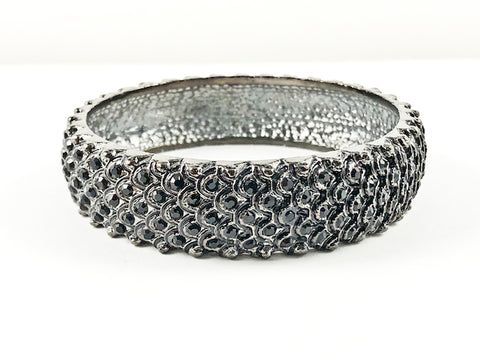 Fancy Textured Layered Scaled Multi Row Design Black Crystals Fashion Bangle