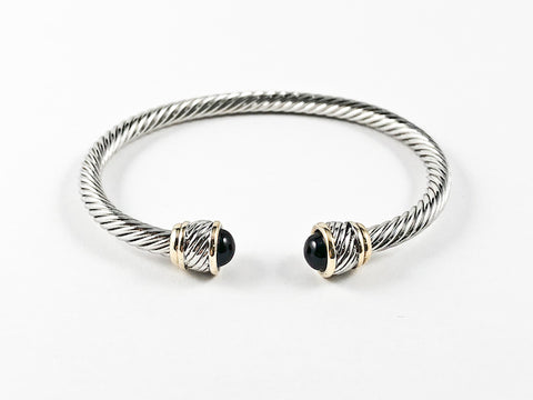 Modern Thin Cable Wire Design With Unique Two Tone Duo Frames & Half Round Black Onyx Stone Ends Brass Cuff Bangle