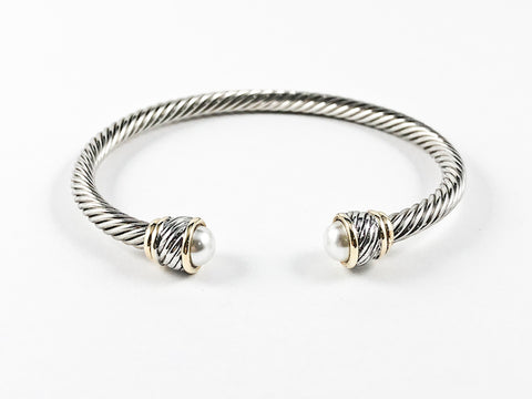Modern Thin Cable Wire Design With Unique Two Tone Duo Frames & Half Round Pearl Stone Ends Brass Cuff Bangle