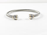 Modern Thin Cable Wire Design With Unique Two Tone Duo Frames & Half Round Pearl Stone Ends Brass Cuff Bangle