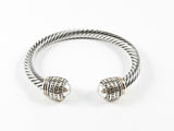 Modern Cable Wire Design With Duo Half Round Pearl Stone Ends & Textured Two Tone Plating Frame Brass Cuff Bangle