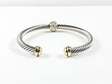 Modern Cable Wire With Center Ball CZ Charm Two Tone Plating Duo Ends Brass Cuff Bangle