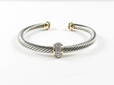 Modern Cable Wire With Center Ball CZ Charm Two Tone Plating Duo Ends Brass Cuff Bangle